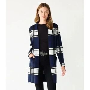 Nine‎ West Womens Long Blue White Plaid Sweater Cardigan Large Pockets Lagenlook